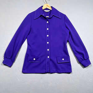 VTG NPC Fashions Blouse Women Purple Dagger Collar Button Up 60s 70s Mod MCM